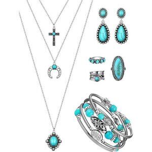 Bohemian Western Jewelry Turquoise Set Rings Necklace Earrings Bracelet